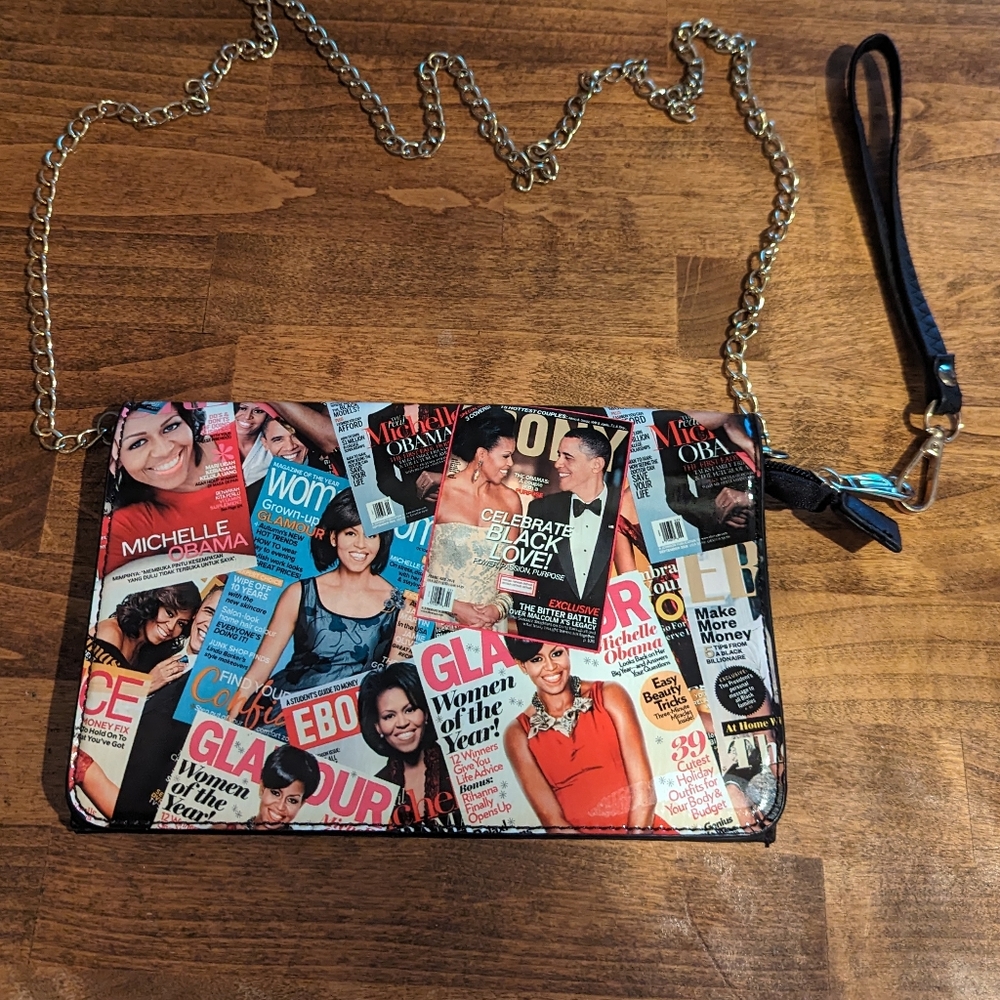 Michelle Obama Glossy Magazine Cover Collage Purse With Chain